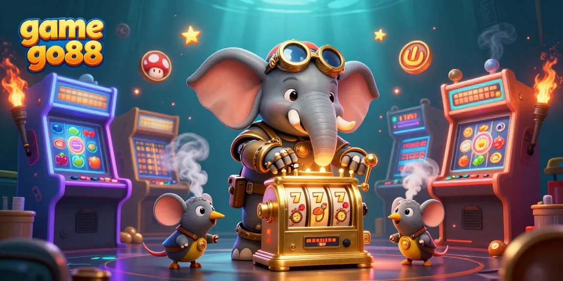 Experience the excitement of game go88 with a steampunk elephant operating a golden slot machine in a vibrant casino setting.