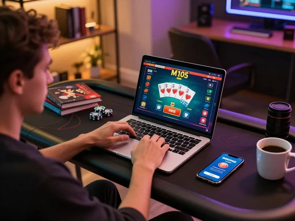 Engaging in strategic m105 poker gameplay on a modern laptop in a cozy environment.