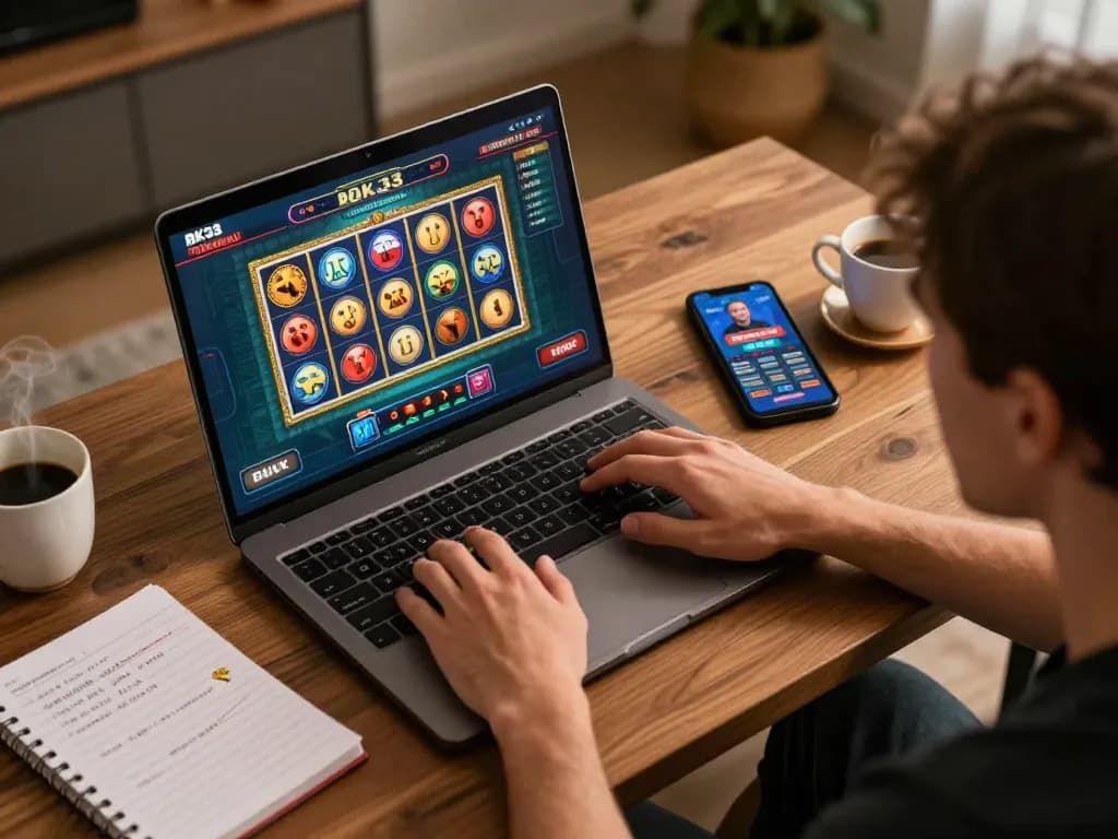 Player enjoying BK33 online gaming session on laptop with casino game interface visible, warm home ambiance enhancing excitement.