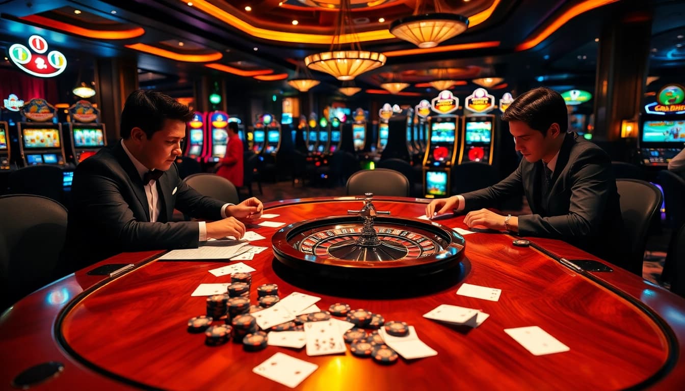 High-stakes poker action illustrated at https://sunwin.builders/ with elegant players and vibrant casino ambiance.