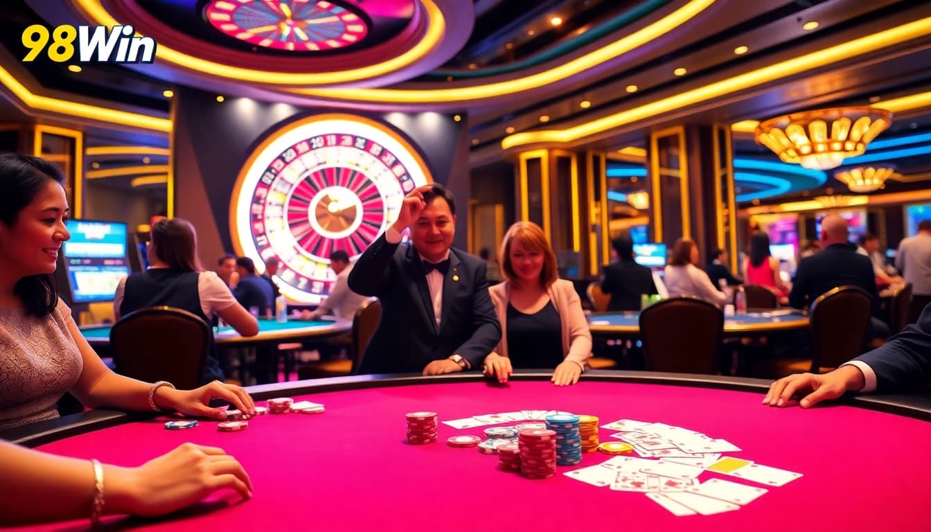 Engaging scene of players enjoying poker at 98Win casino, highlighting excitement and luxury.
