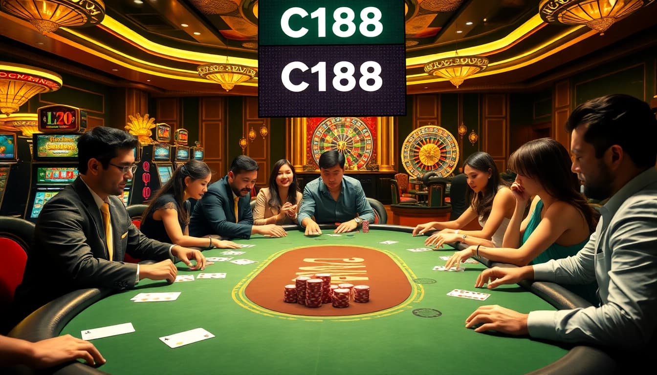 C168 casino experience featuring intense poker gameplay and vibrant slot machines.