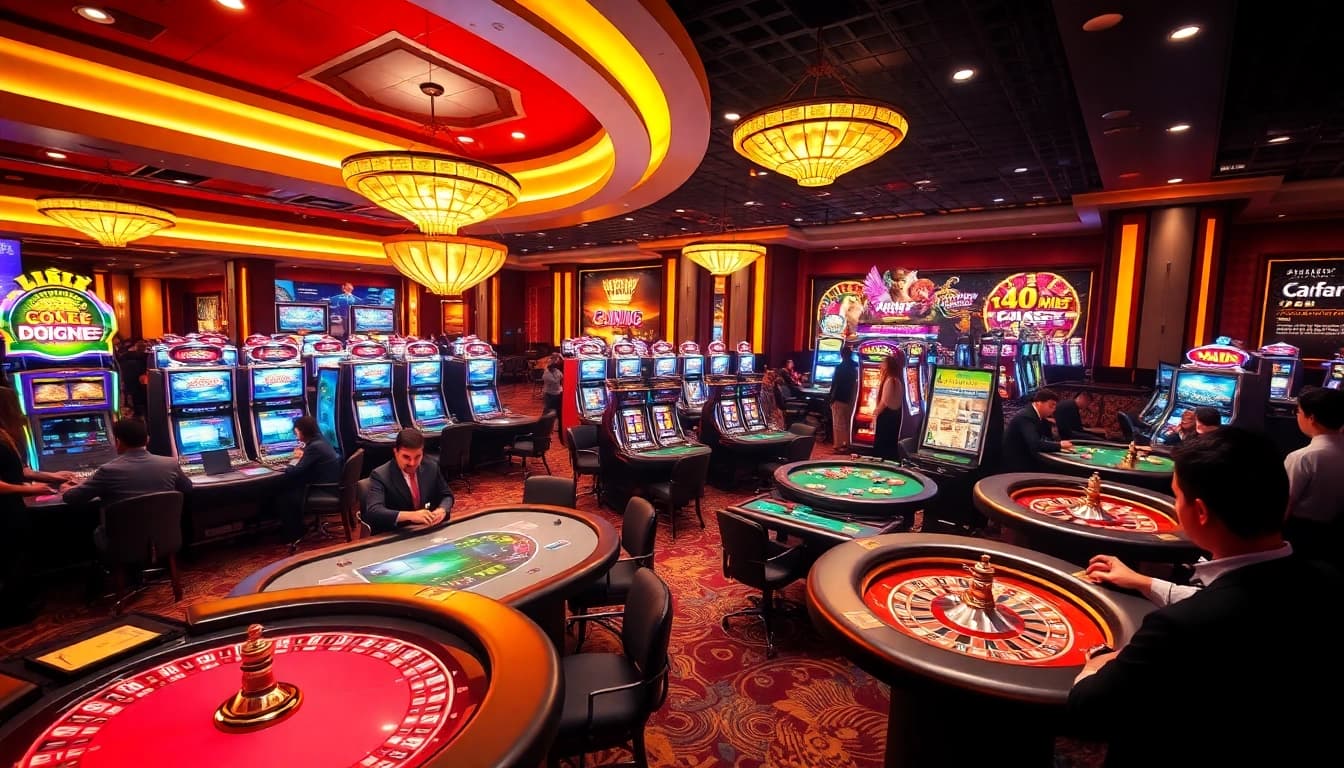 Situs Gacor players enjoying thrilling games at a vibrant casino with slot machines and poker tables.