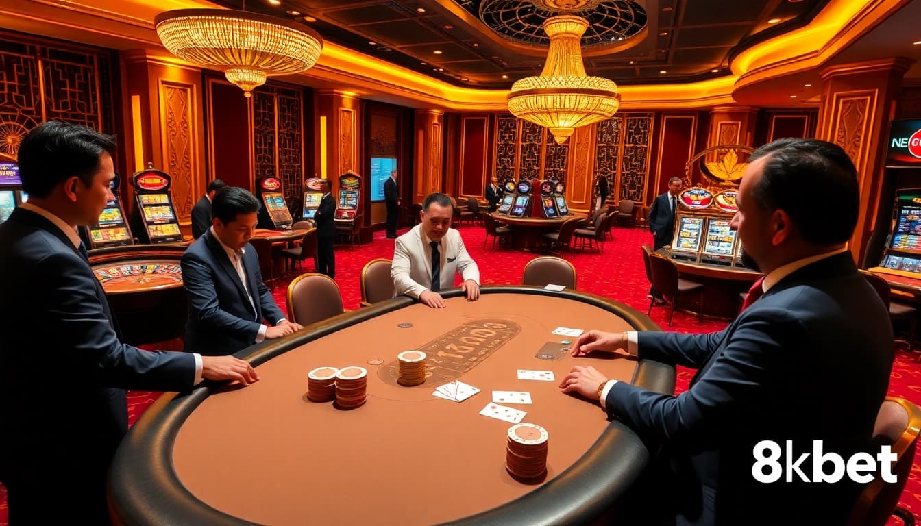 A vibrant casino scene at 8kbet featuring players at a luxurious poker table with chips and cards.