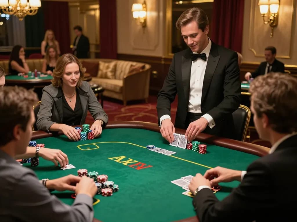 Engaged players track-courier activity at a poker table in a luxurious casino setting.