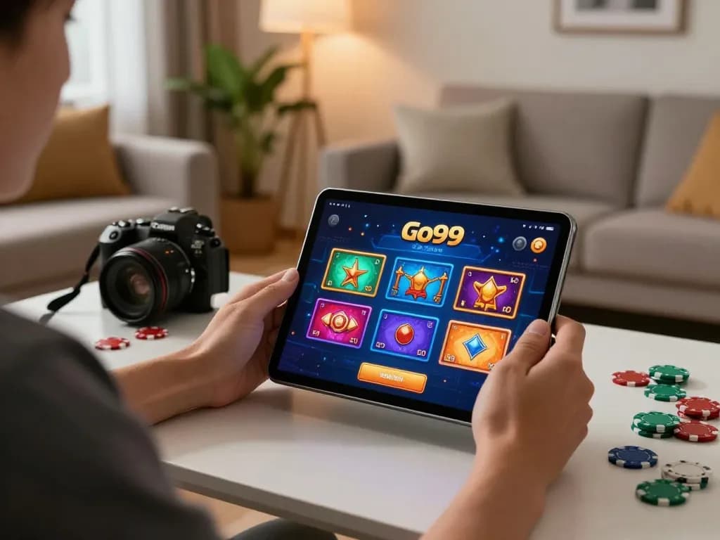 Player engaging with Go99 online casino app on tablet in cozy home setup, showcasing colorful gaming graphics.