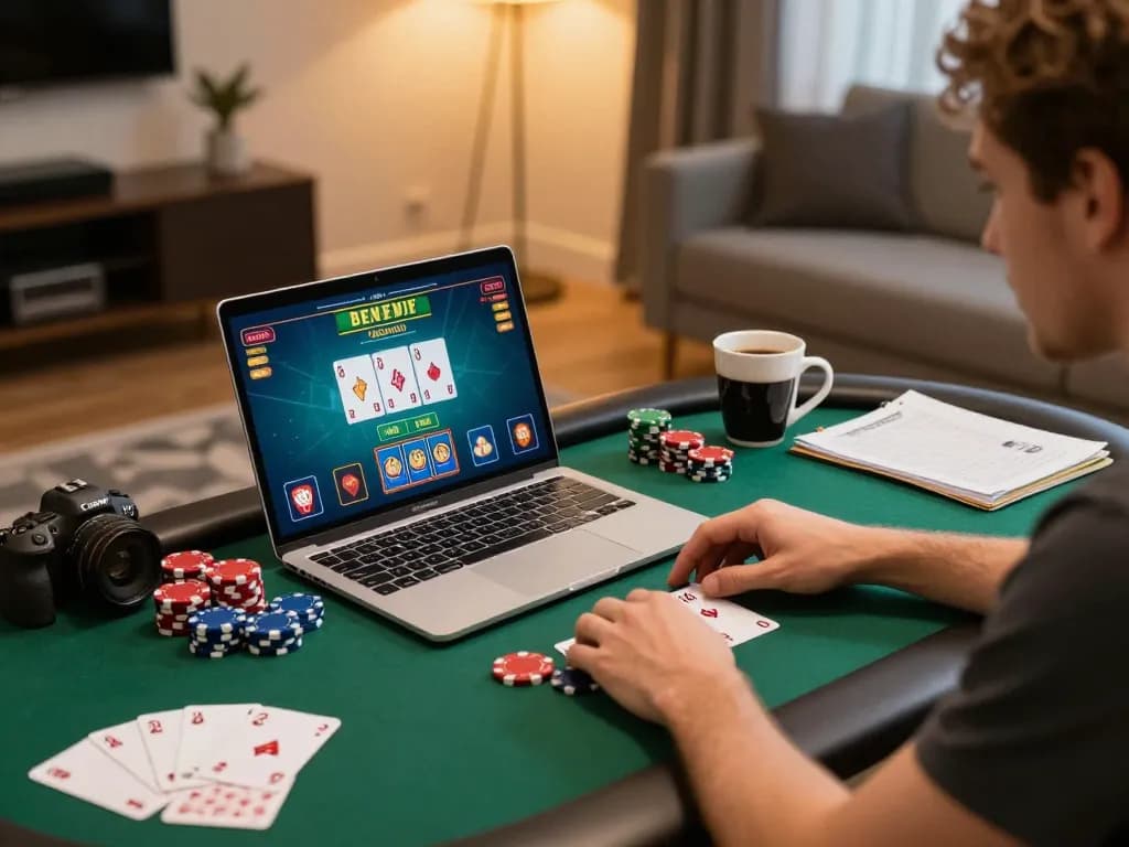 Pemain Bintangmpo merencanakan strategi online, terlibat dalam permainan poker di laptop dalam suasana yang nyaman.