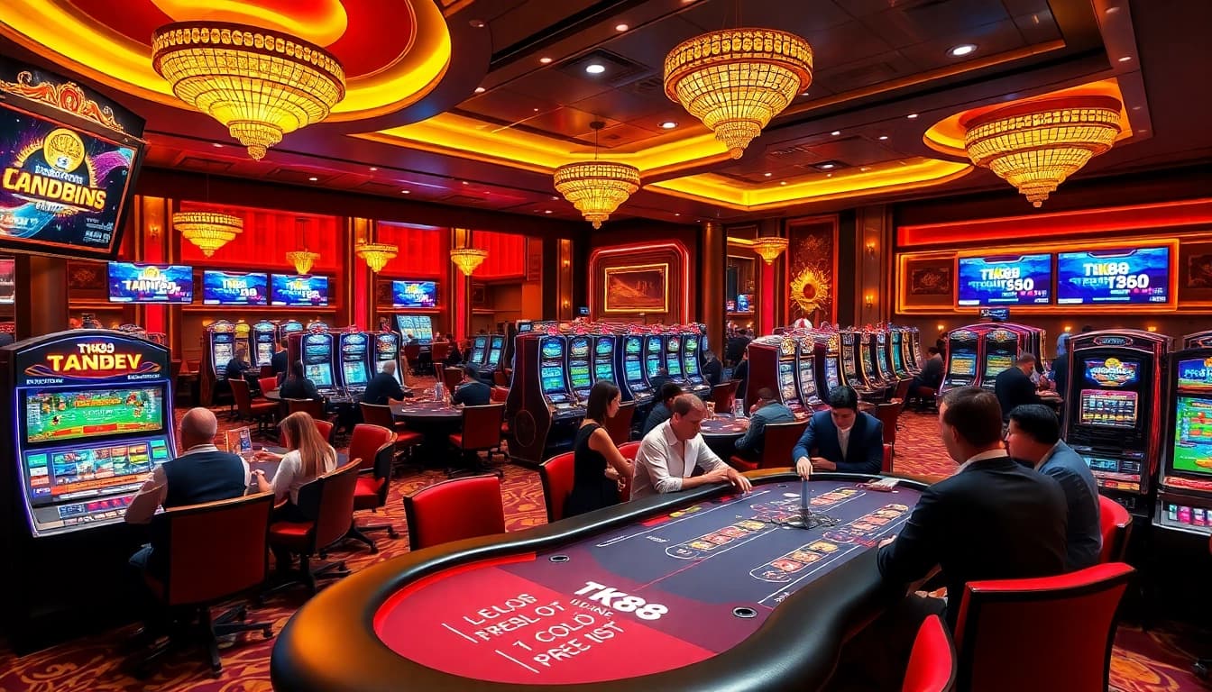 Experience the excitement of tk88 with players betting at luxurious casino tables.