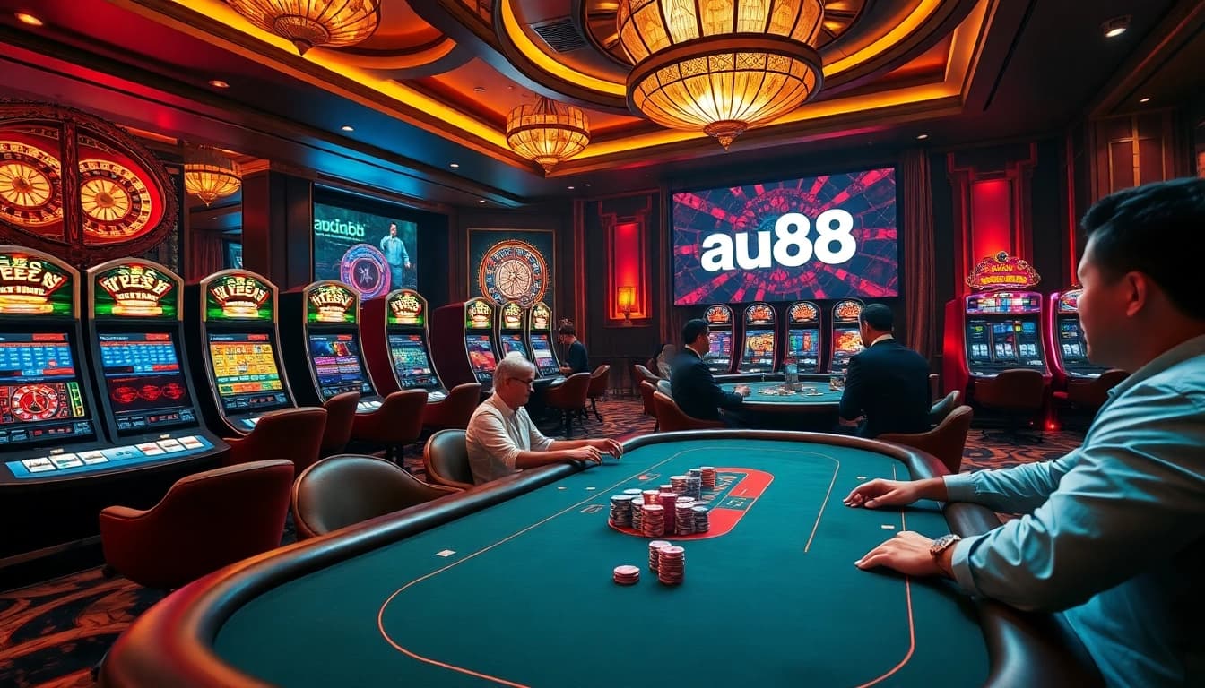 Engage in thrilling gaming at au88 with vibrant casino tables and dynamic roulette wheels.