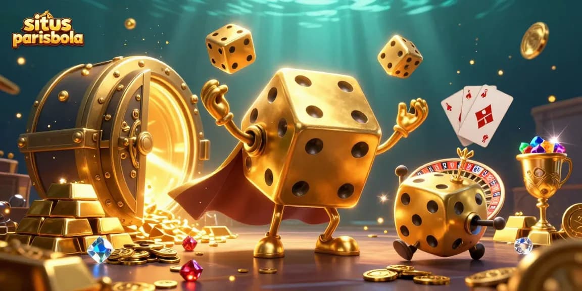 Experience thrilling action on situs parisbola with this lively 3D casino illustration highlighting golden dice and treasures.