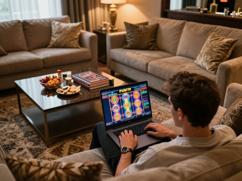 Player engaging with FUN79 online slots on a cozy living room sofa, enjoying a relaxed gaming atmosphere