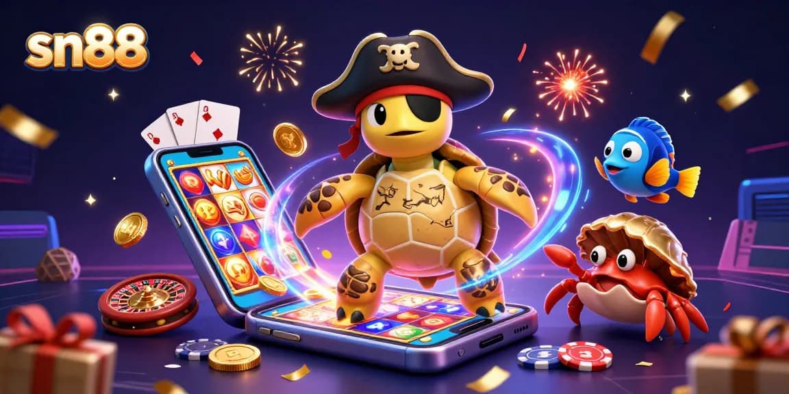 Experience the vibrant world of sn88 with a dynamic 3D scene featuring a pirate turtle and various casino elements.