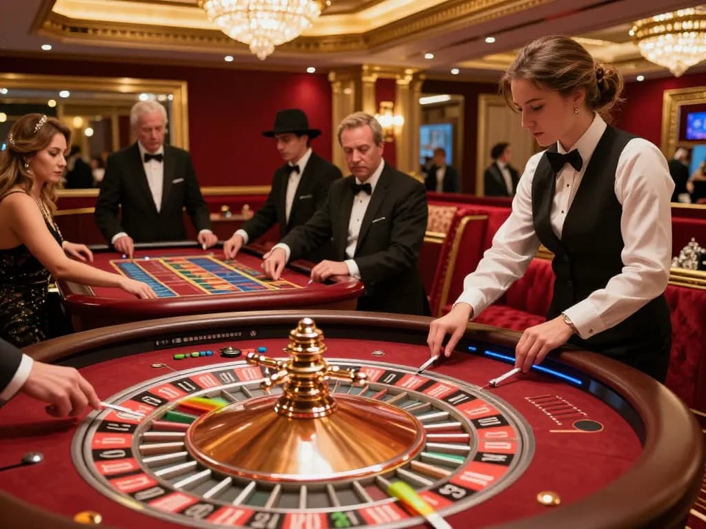 Players engaging with NK88 at a vibrant roulette table, showcasing the thrill of casino gaming.