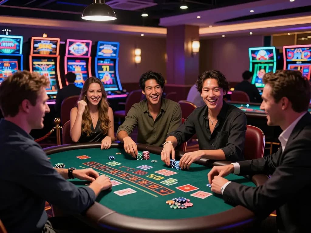 Players enjoying 3win at an exciting casino table, celebrating a big win in a lively atmosphere.