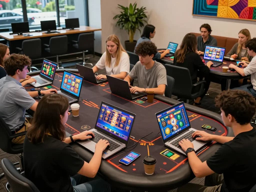 TOPBET players engaging in exciting online casino gameplay with laptops and mobile devices.