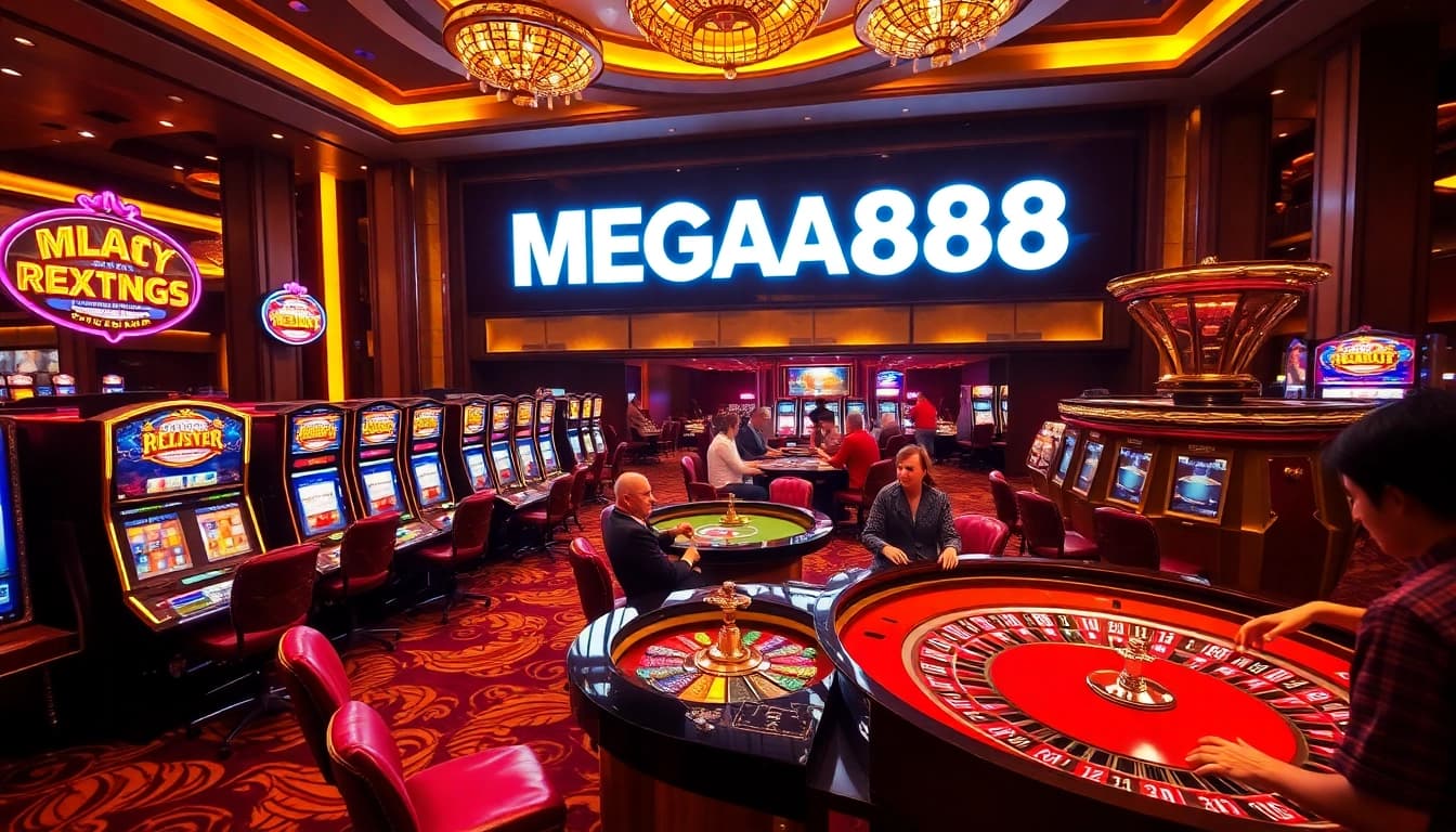 Players enjoying MEGA888 in a luxurious casino environment with vibrant slot machines and a roulette table.