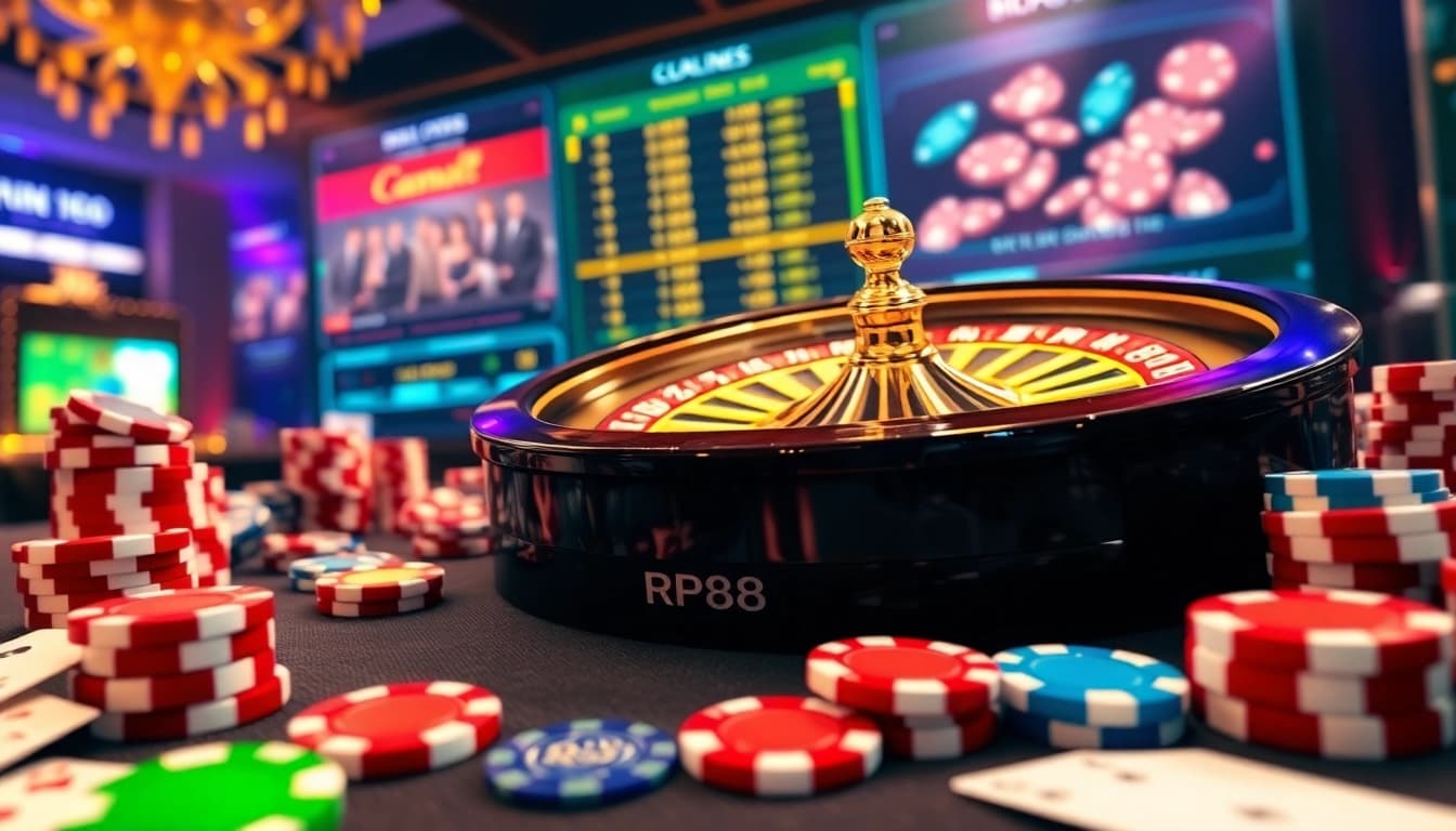 RR88 casino scene showcasing an exciting roulette game with vibrant poker chips and cards.