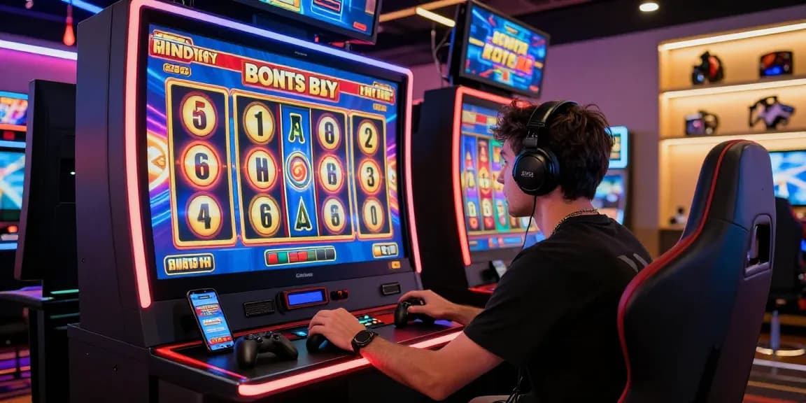 Player engaging with bonus buy slots at a modern online casino, showcasing vibrant lighting and gaming accessories.