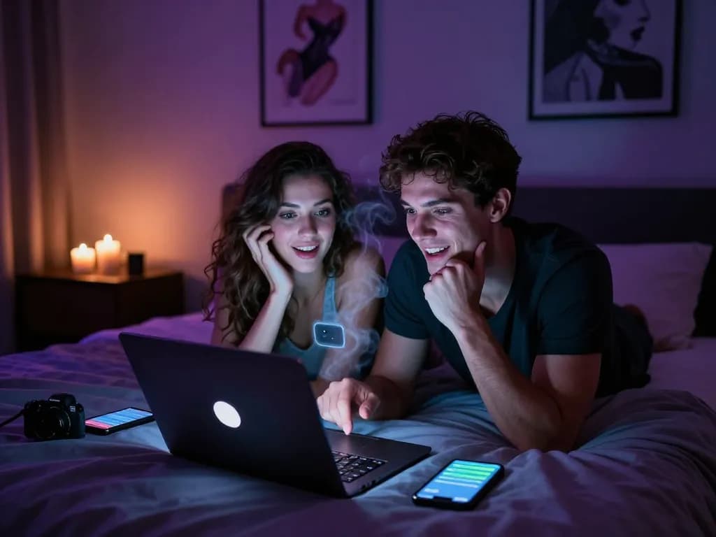 Engaging in a captivating porn AI chat on a laptop in a romantic bedroom setting.