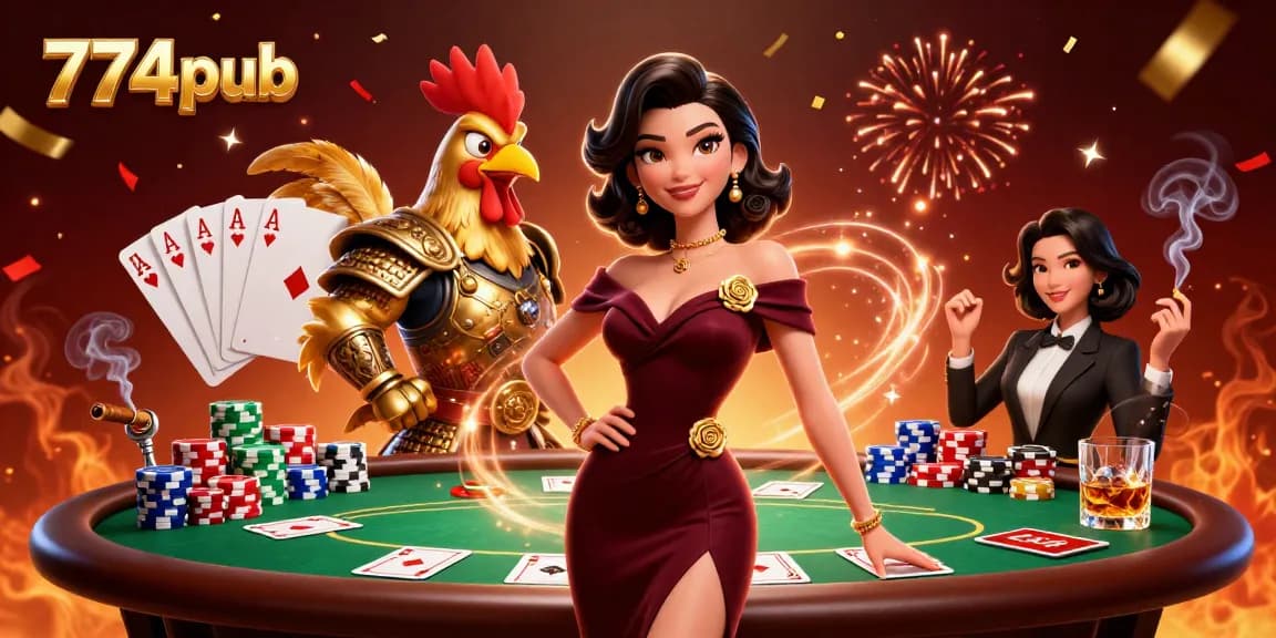 Experience the thrill of winning at 774pub with this vibrant casino scene featuring dynamic poker elements.