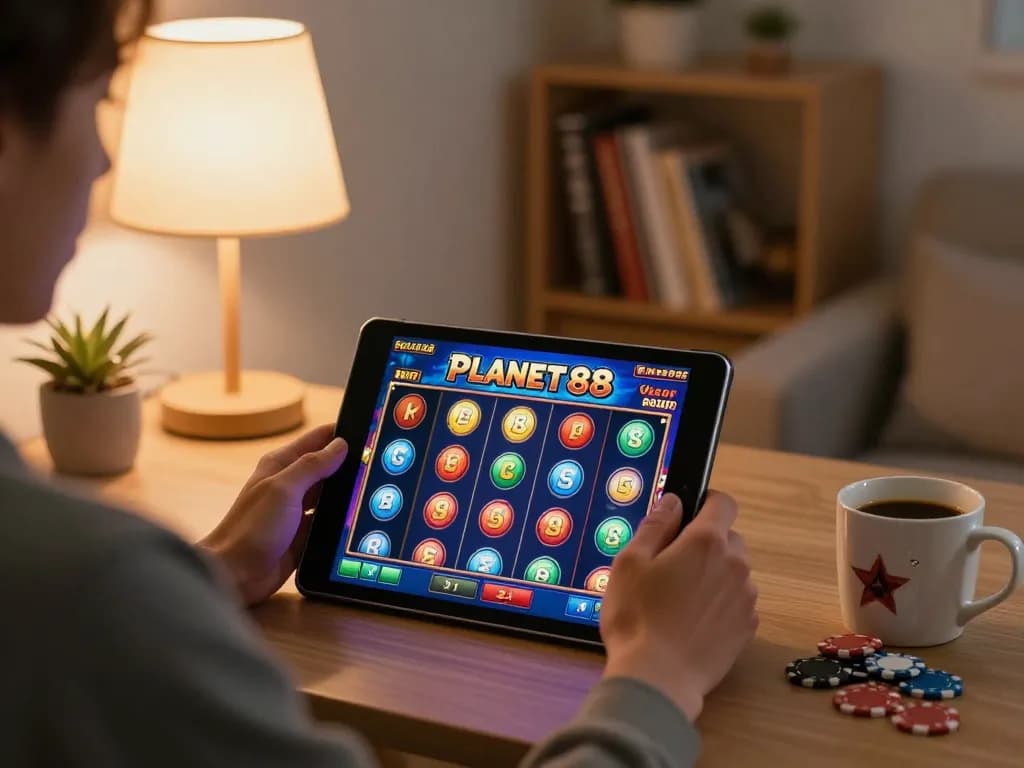 Engaged player enjoying planet88 slot game on tablet in cozy living room.