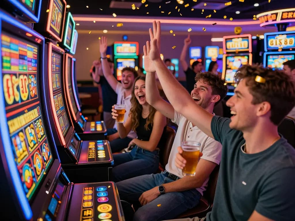 Friends winning big on the Lucky 88 slot machine in a vibrant casino atmosphere