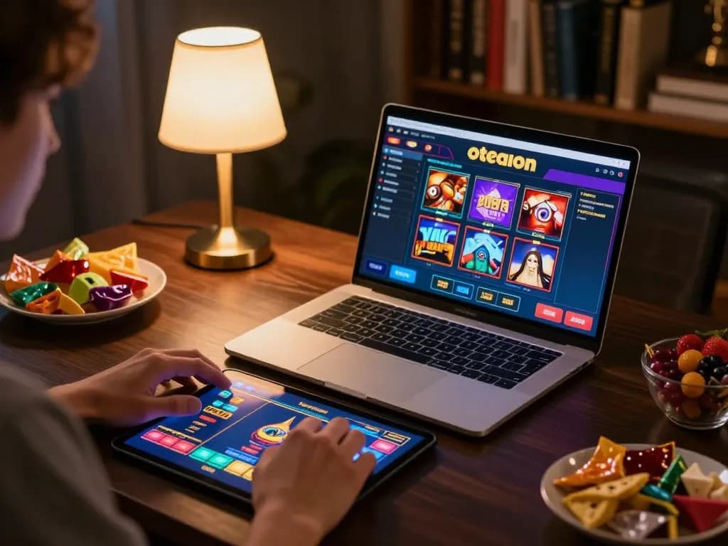 Engaging in octaslot online gaming with laptop and tablet in cozy atmosphere.
