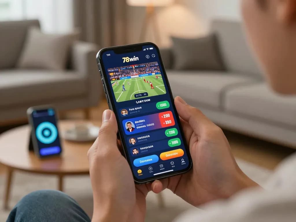 Engaging user enjoying live sports betting on the 78win app in a cozy home setting