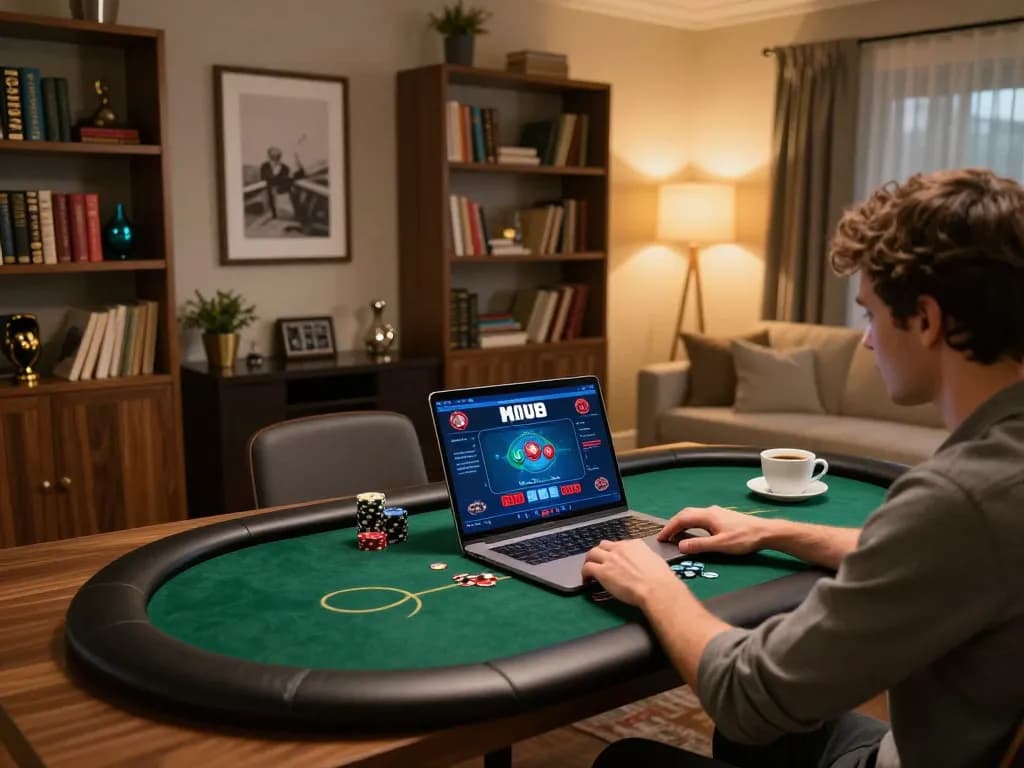 RR88 player engaging with an online poker game at home, emphasizing strategic gameplay.