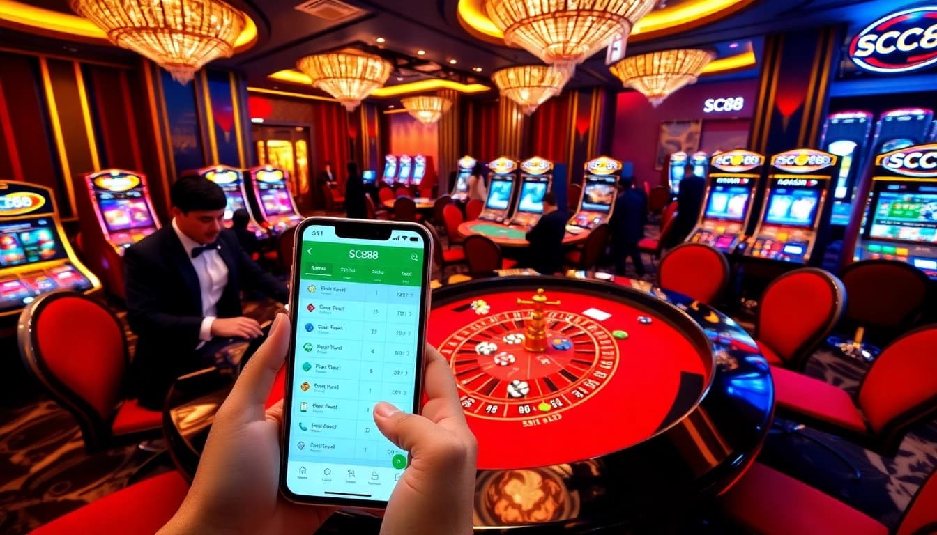 Players enjoying high-stakes gaming at SC88 casino with roulette tables and vibrant slot machines.