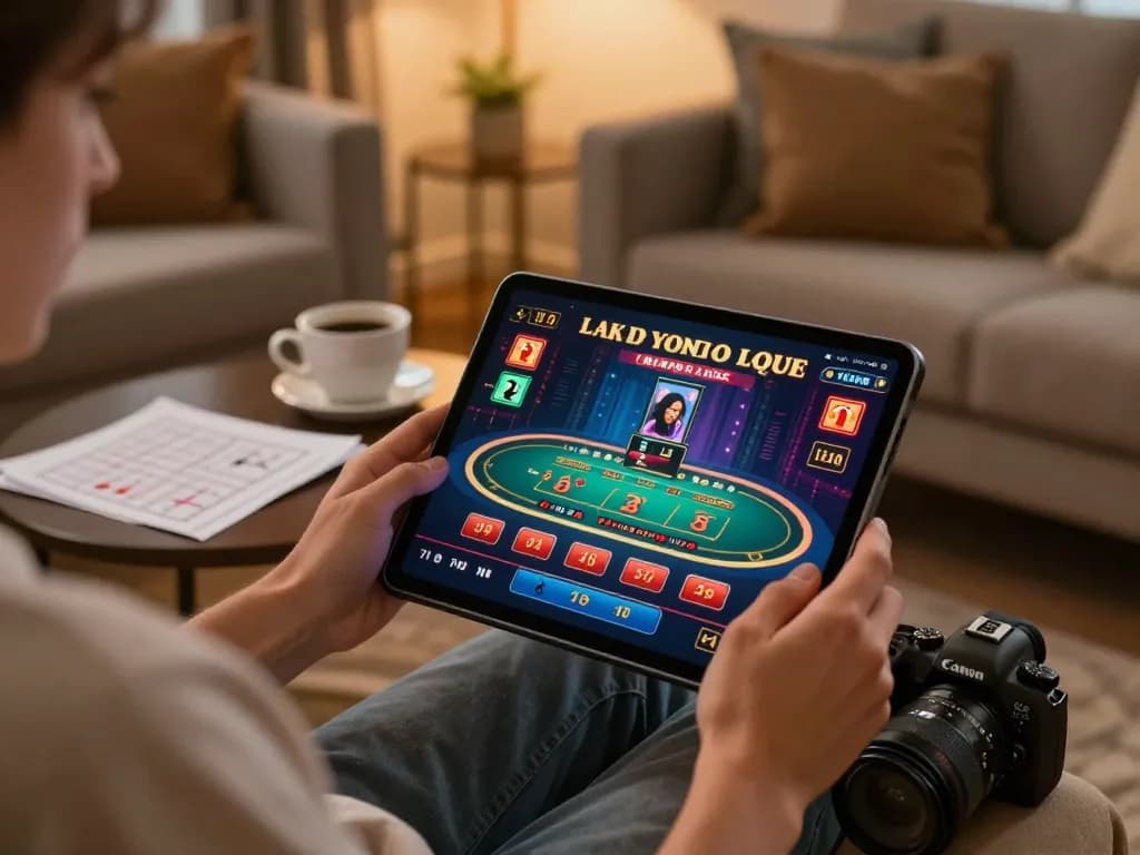 Engaging online casino gameplay with cm88 displayed on a tablet in a cozy living room setting.