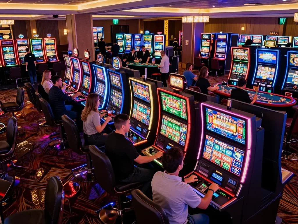 Players enjoying the thrilling atmosphere of the TR88 casino floor, surrounded by vibrant slot machines and engaging gameplay.