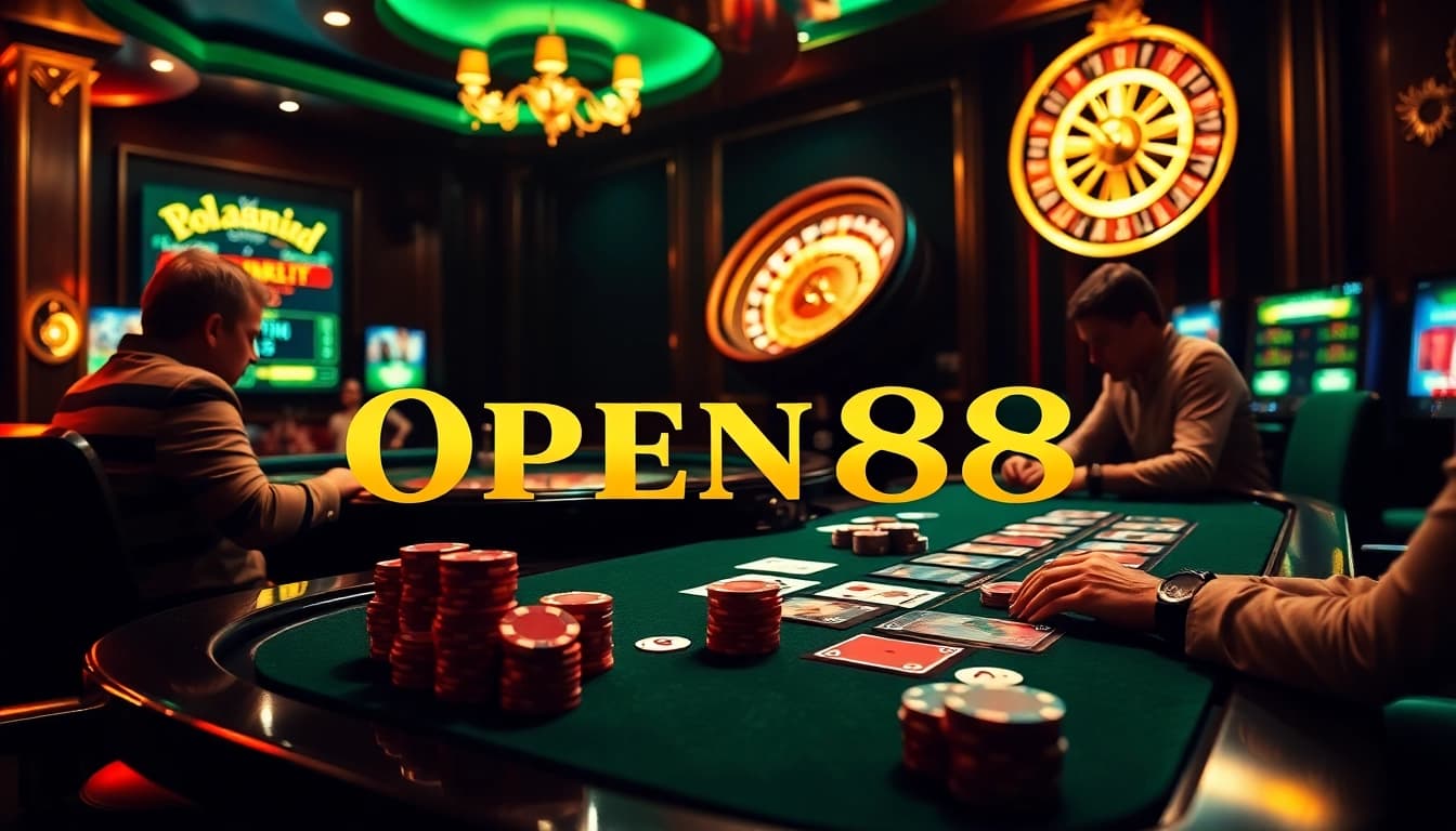 Players competing in a high-stakes poker game at OPEN88 casino, surrounded by colorful chips and cards.