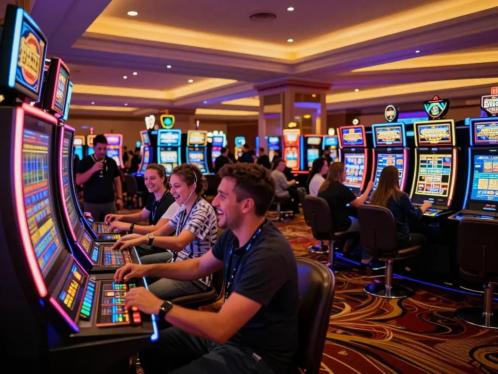 Players enjoying da88 slot machine games with vibrant colors and digital displays in an exciting casino atmosphere.