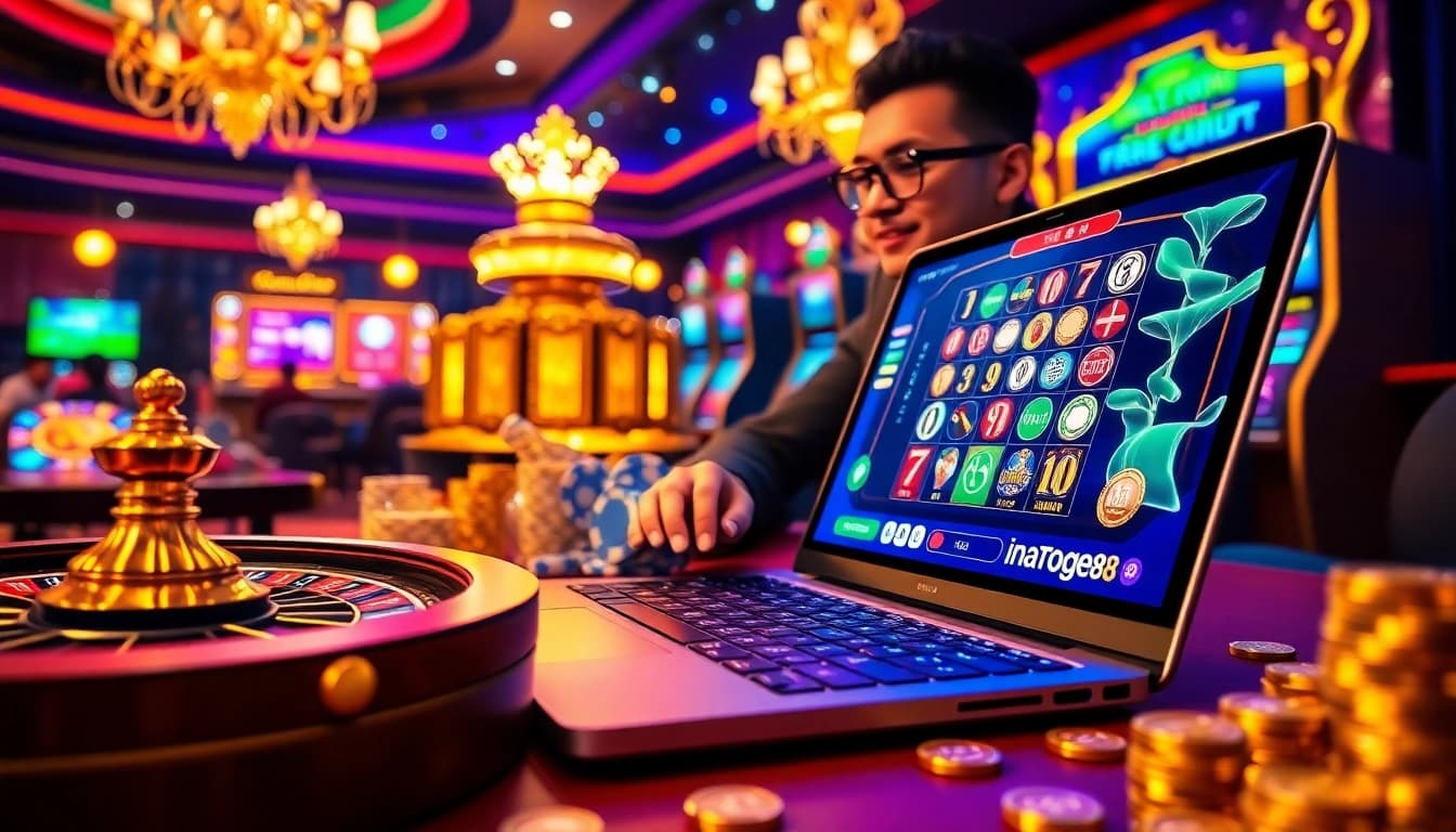 Experience thrilling gameplay with inatogel88, showcasing vibrant online gambling elements like poker chips and a roulette wheel.