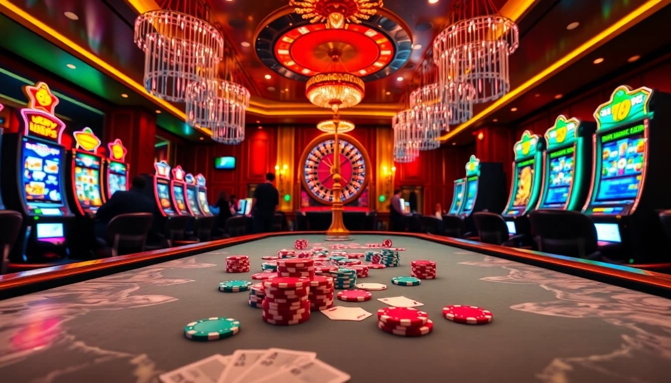 Experience the excitement of Bay 789 with vibrant casino visuals featuring poker and roulette action.