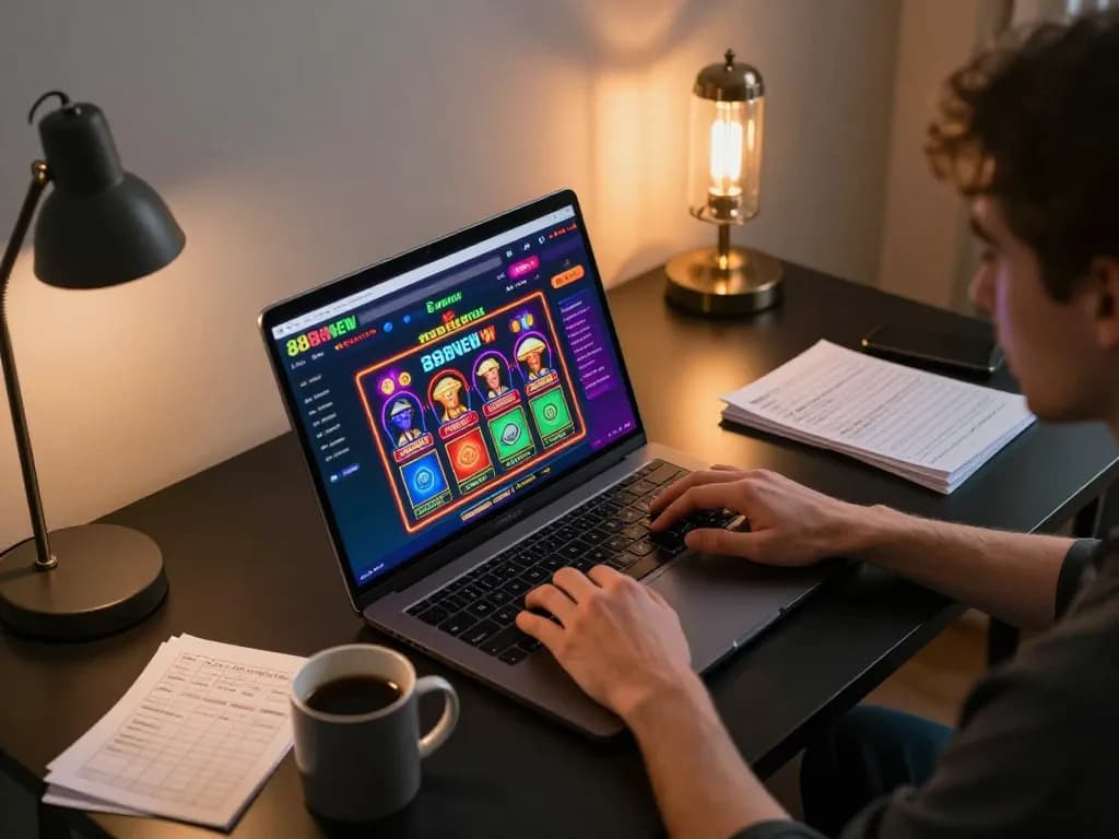 Engaged player exploring games on 888NEW with laptop and strategy notes in a cozy home setting