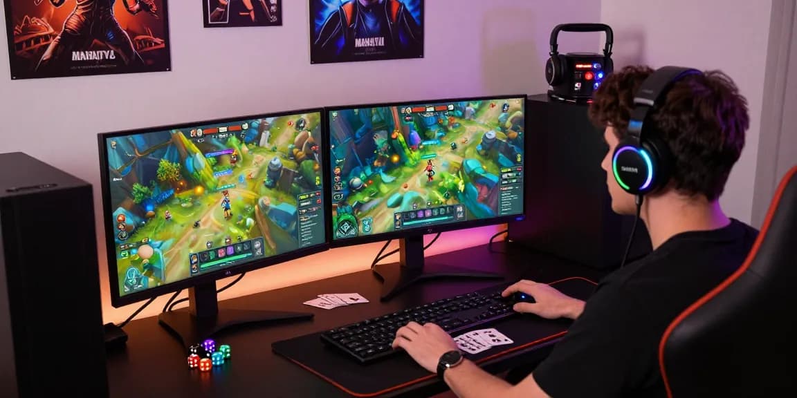 Online gaming scene at Mahajitu with vibrant displays, gaming accessories, and energetic atmosphere.