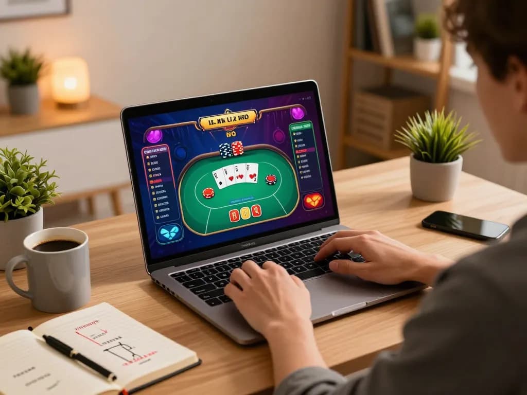 Engaged player using a laptop at home for online poker at f8beta2, showcasing strategic gaming.