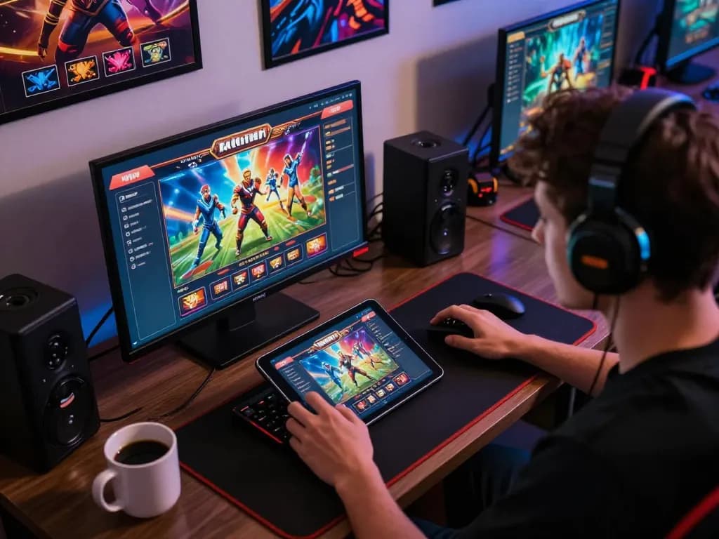 Engage in iwin online gaming with vibrant tablet interface in stylish home setup.