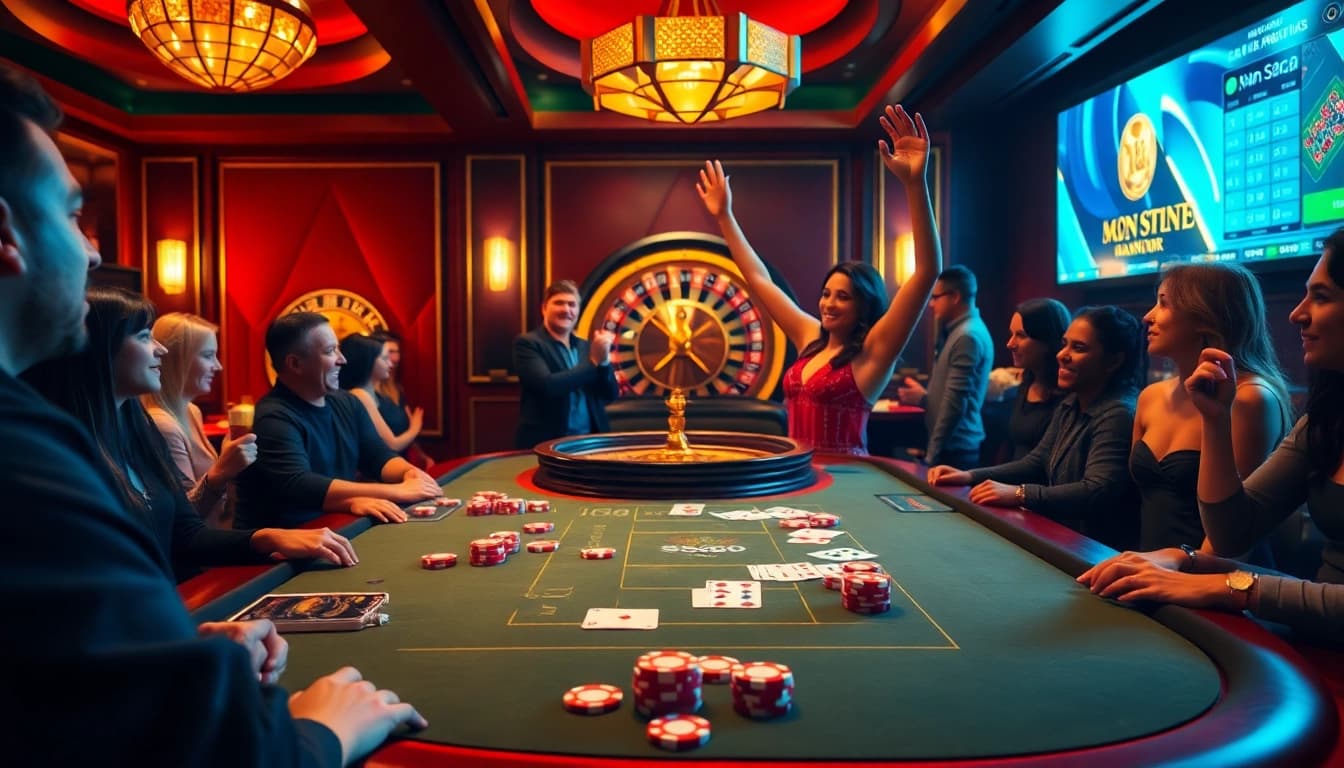 Players celebrating a big win at the s666 casino table amidst an exciting gambling atmosphere.