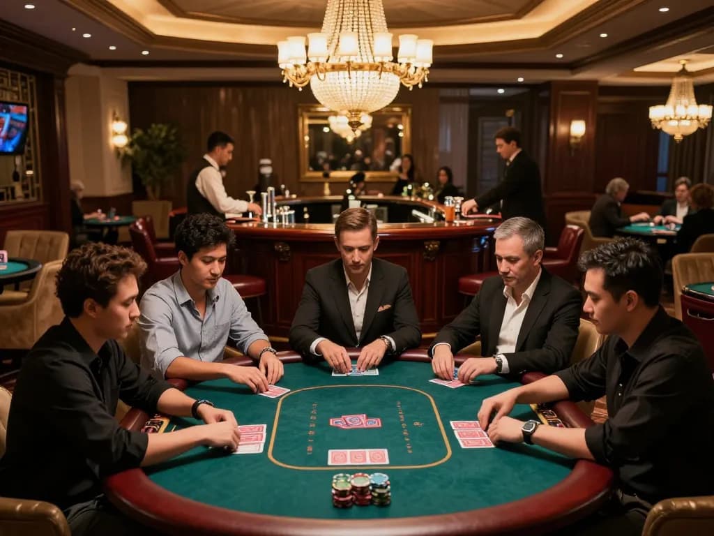 Players strategizing at a poker table in an upscale casino while enjoying paris888 gambling