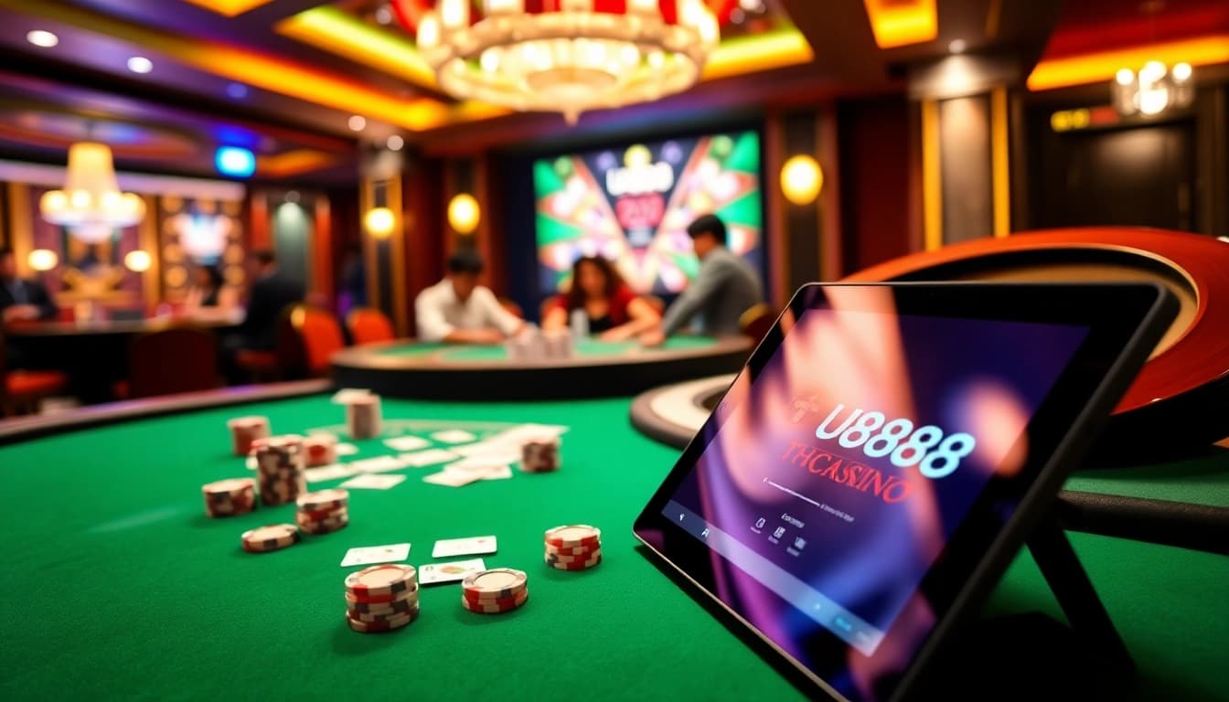 Engage with the exciting atmosphere of U888 casino while playing at an elegant gaming table.