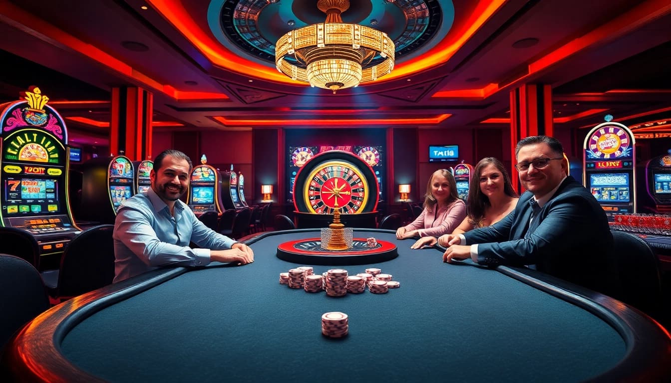 Experience the thrill of f168 casino gaming with an exciting poker table scene and vibrant slot machines.