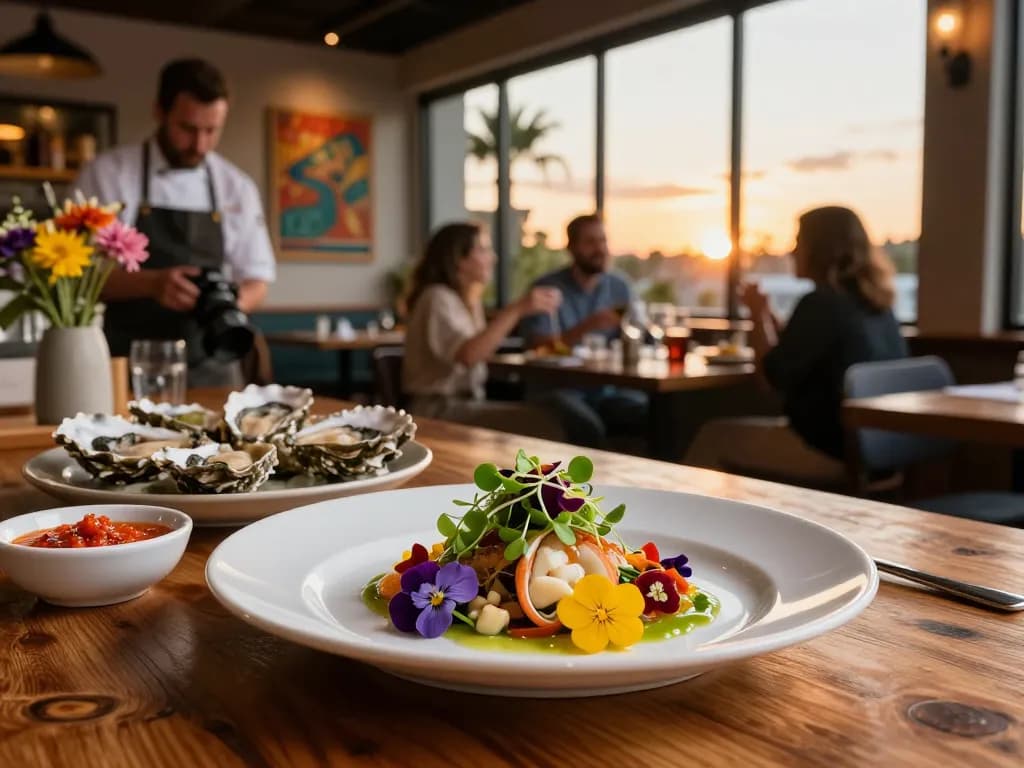 The Shack seafood dining scene with chef plating fresh seafood dish, captured inviting atmosphere for 2026.