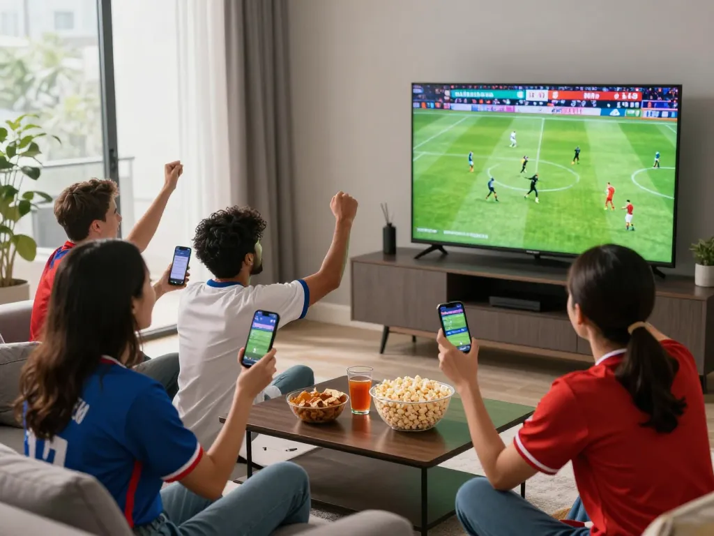 Fans celebrating in a lively living room while checking nowgoal live football scores on TV and smartphones.