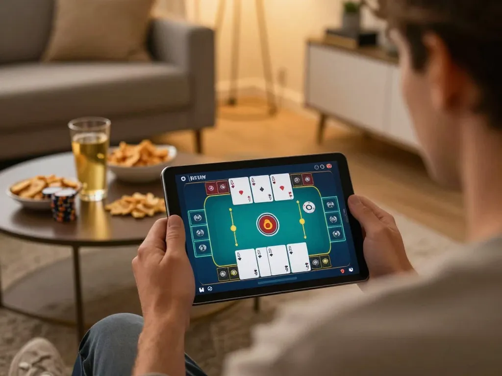 Player using tablet for poker game on kp88 app with cozy home atmosphere and warm lighting