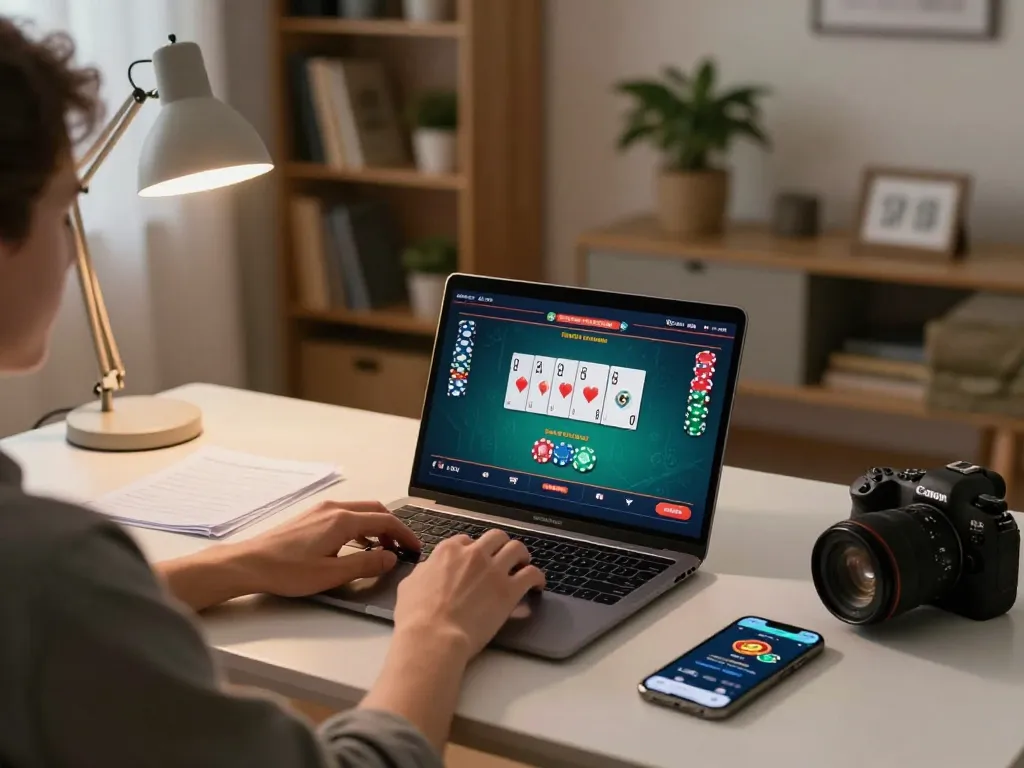 Engaging in online gambling at home with dr88 platform on laptop, showcasing strategic gameplay in a cozy setting