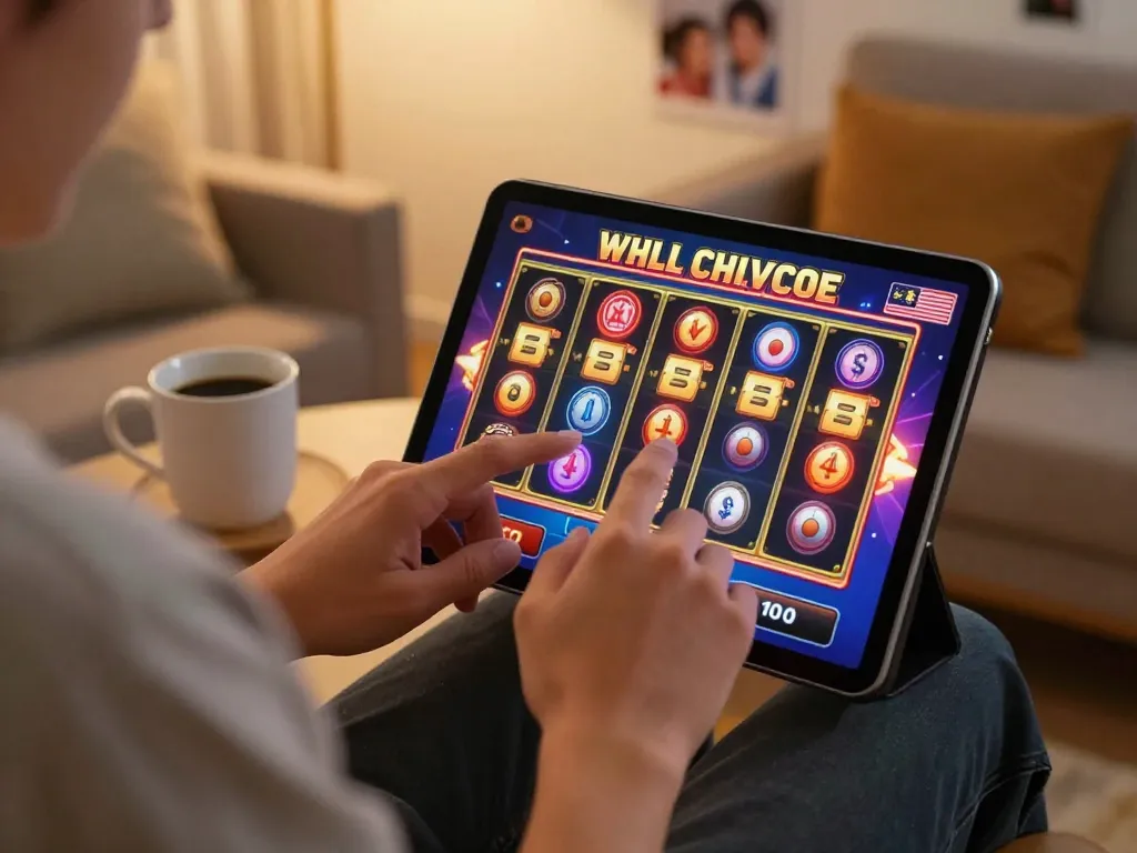 Engaging session playing online slot Malaysia on a tablet in a cozy home setup.