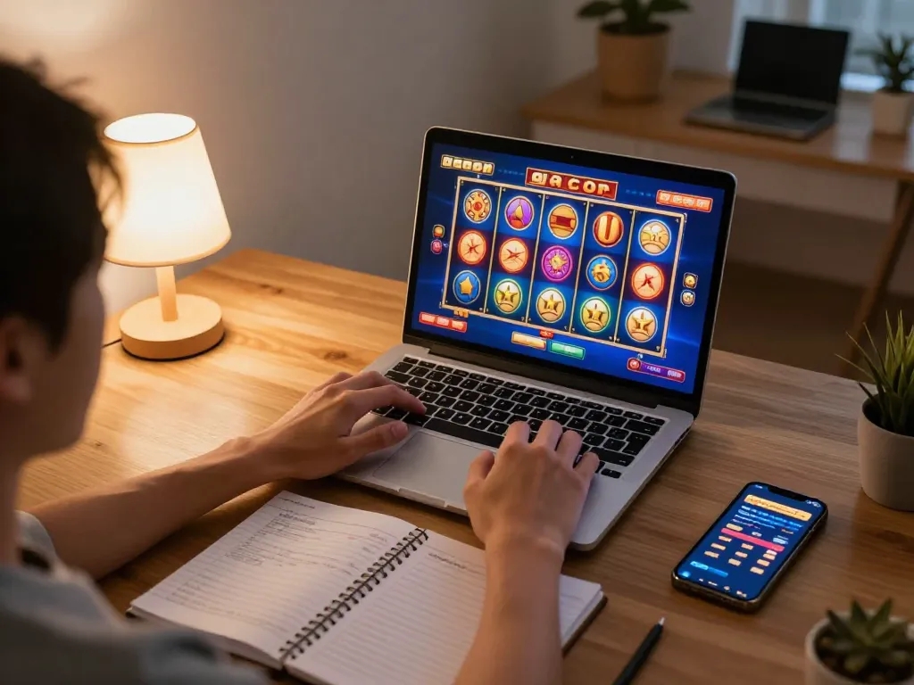 Engaging in slot gacor gameplay on a laptop, capturing big wins in a cozy home setting